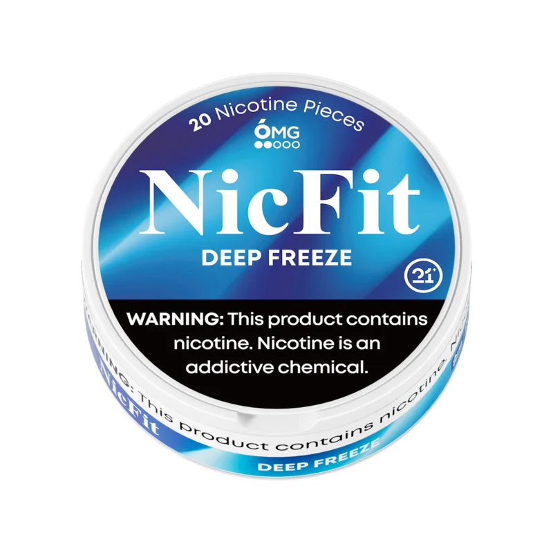 Angled view of NicFit Deep Freeze nicotine pouches can showing blue branding and safety warning label