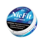 Angled view of NicFit Deep Freeze nicotine pouches can showing blue branding and safety warning label