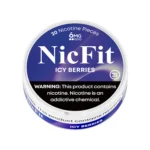 NicFit Icy Berries nicotine pouches can top view, featuring 20 tobacco-free nicotine pieces with a refreshing ice berries flavor