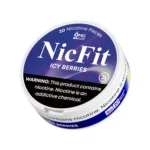 Angled view of purple NicFit Icy Berries nicotine pouches can showing branding and 21+ age warning label
