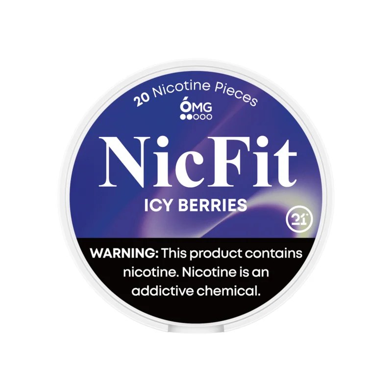 NicFit Icy Berries nicotine pouches can top view, featuring 20 tobacco-free nicotine pieces with a refreshing ice berries flavor