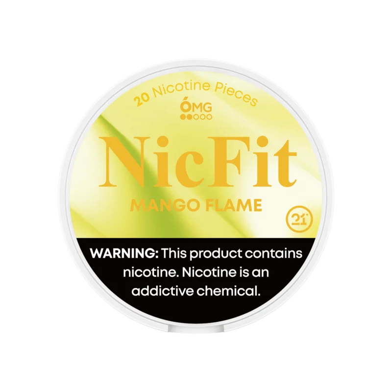 NicFit Mango Flame nicotine pouches can top view, featuring 20 tobacco-free nicotine pieces with tropical mango flavor