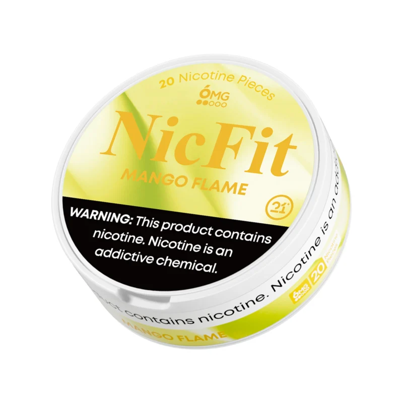 Angled view of yellow NicFit Mango Flame nicotine pouches can showing branding and 21+ age warning label