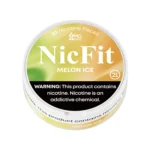 NicFit Melon Ice nicotine pouches can top view, featuring 20 tobacco-free nicotine pieces with sweet melon and refreshing mint flavor