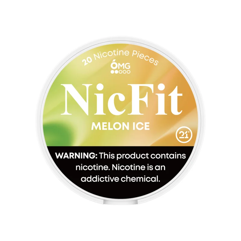 NicFit Melon Ice nicotine pouches can top view, featuring 20 tobacco-free nicotine pieces with sweet melon and refreshing mint flavor