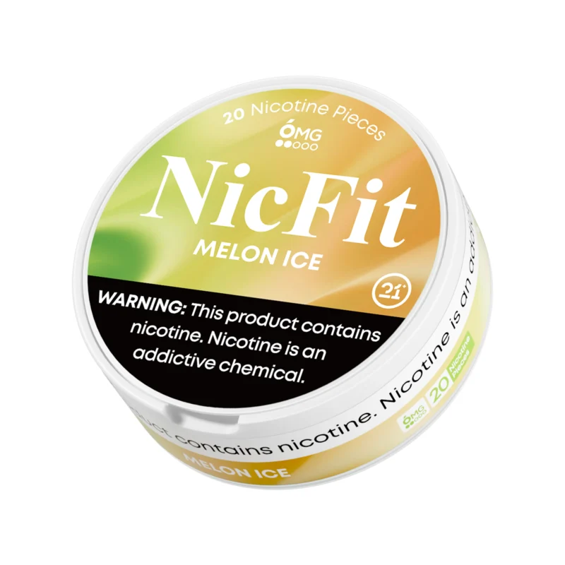 Angled view of green and orange NicFit Melon Ice nicotine pouches can showing branding and 21+ age warning label