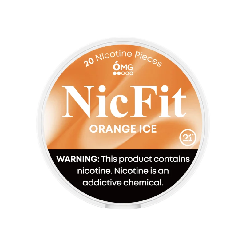 NicFit Orange Ice nicotine pouches can top view, featuring 20 tobacco-free nicotine pieces with zesty orange and refreshing mint flavor
