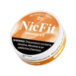 Angled view of bright orange NicFit Orange Ice nicotine pouches can showing branding and 21+ age warning label