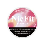 NicFit Peach Ice nicotine pouches can top view, featuring 20 tobacco-free nicotine pieces with juicy peach and cool mint flavor