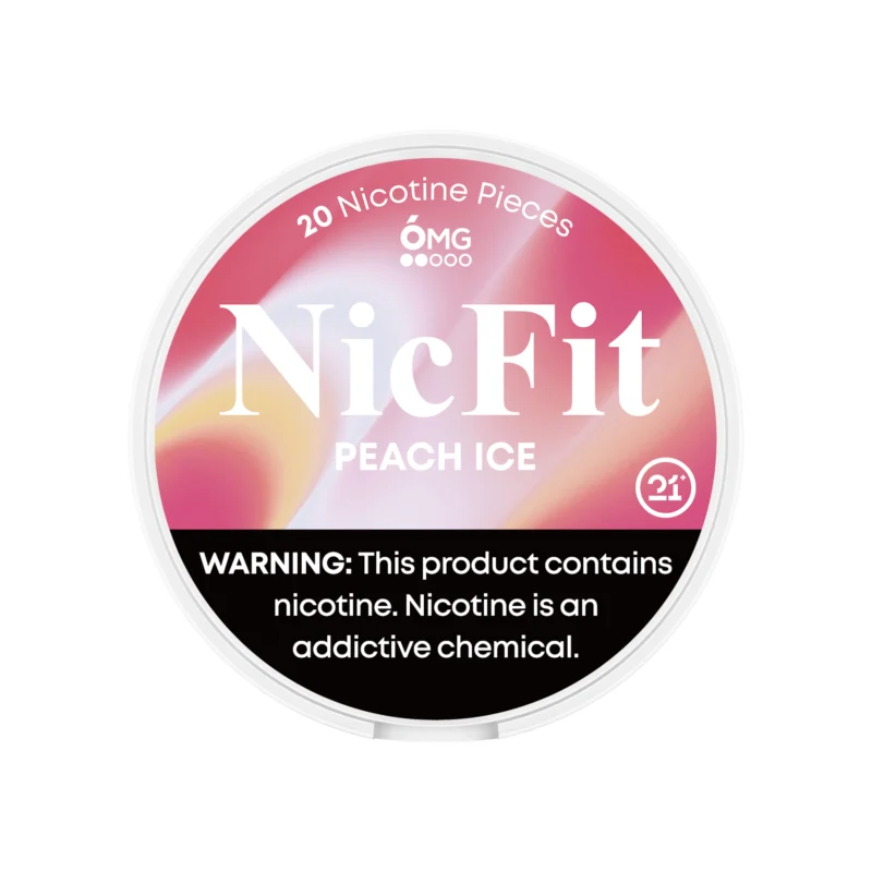 NicFit Peach Ice nicotine pouches can top view, featuring 20 tobacco-free nicotine pieces with juicy peach and cool mint flavor