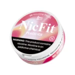 Angled view of pink and yellow gradient NicFit Peach Ice nicotine pouches can showing branding and 21+ age warning label