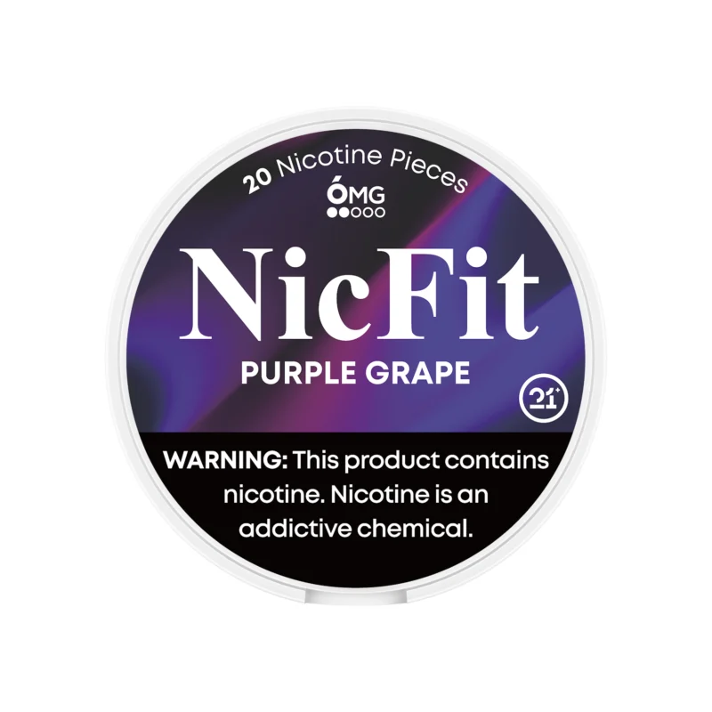 NicFit Purple Grape nicotine pouches can top view, featuring 20 tobacco-free nicotine pieces with sweet and juicy grape flavor