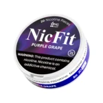 Angled view of dark purple NicFit Purple Grape nicotine pouches can showing branding and 21+ age warning label