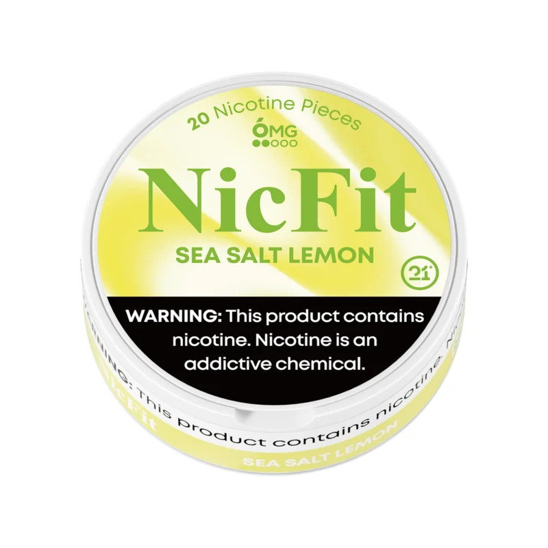 NicFit Sea Salt Lemon nicotine pouches can top view, featuring 20 tobacco-free nicotine pieces with zesty lemon and a hint of sea salt