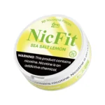Angled view of yellow and green NicFit Sea Salt Lemon nicotine pouches can showing branding and 21+ age warning label