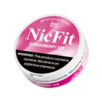 NicFit Strawberry Ice nicotine pouches can top view, featuring 20 tobacco-free nicotine pieces with sweet strawberry and cool mint flavor