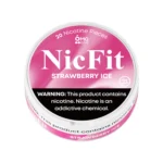 NicFit Strawberry Ice nicotine pouches can top view, featuring 20 tobacco-free nicotine pieces with sweet strawberry and cool mint flavor