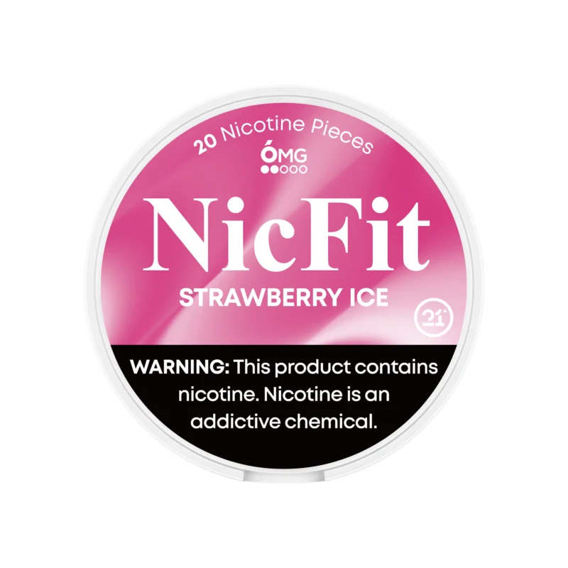 NicFit Strawberry Ice nicotine pouches can top view, featuring 20 tobacco-free nicotine pieces with sweet strawberry and cool mint flavor