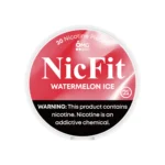 NicFit Watermelon Ice nicotine pouches can top view, featuring 20 tobacco-free nicotine pieces with sweet watermelon and icy mint flavor