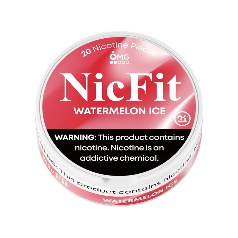 NicFit Watermelon Ice nicotine pouches can top view, featuring 20 tobacco-free nicotine pieces with sweet watermelon and icy mint flavor