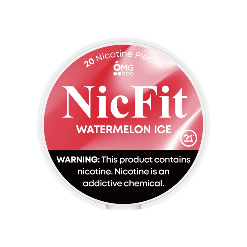NicFit Watermelon Ice nicotine pouches can top view, featuring 20 tobacco-free nicotine pieces with sweet watermelon and icy mint flavor