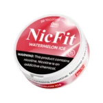Angled view of red NicFit Watermelon Ice nicotine pouches can showing branding and 21+ age warning label
